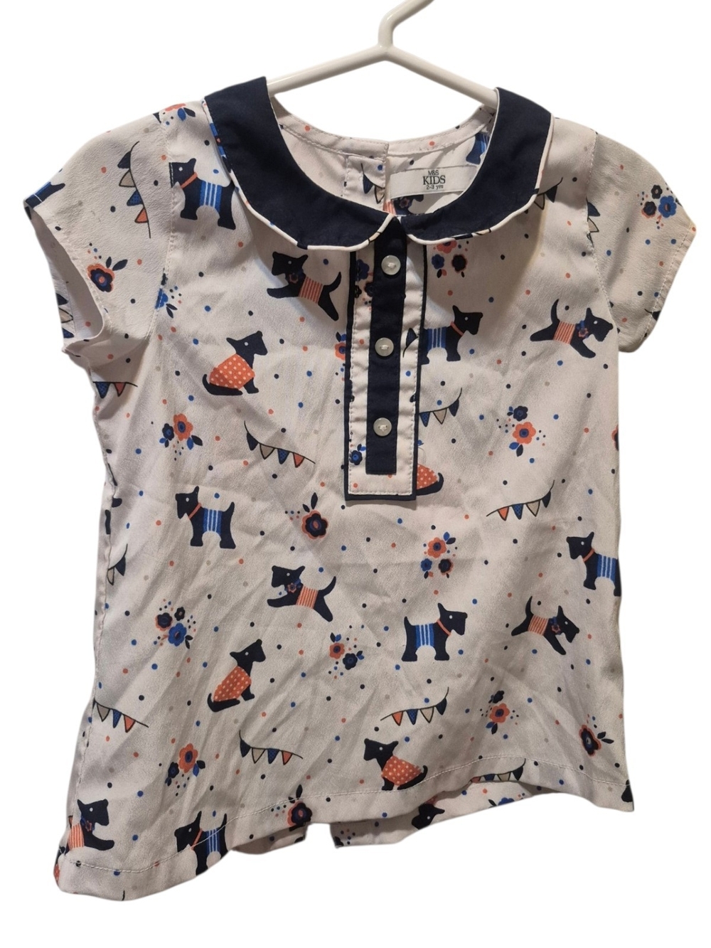Short Sleeve Dog Print Top with Navy Collar -